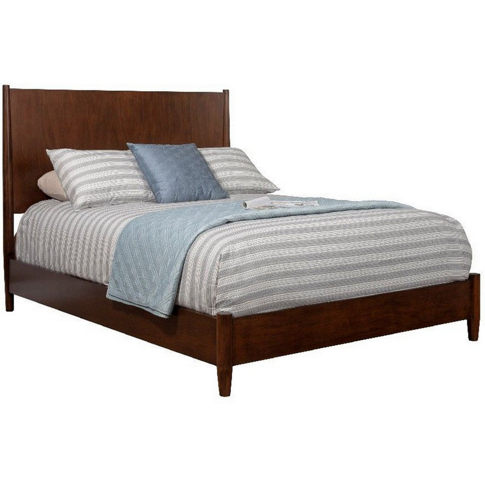 Mid Century Modern Wooden Full Size Bed with Round Legs, Brown
