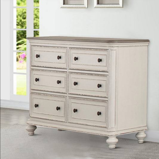 6 Drawer Wooden Dresser with Distressed Detail, Antique White and Brown By Casagear Home