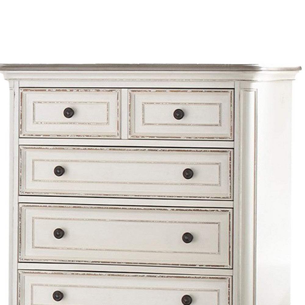 5 Drawer Wooden Chest with Distressed Detail Antique White and Brown By Casagear Home BM222644