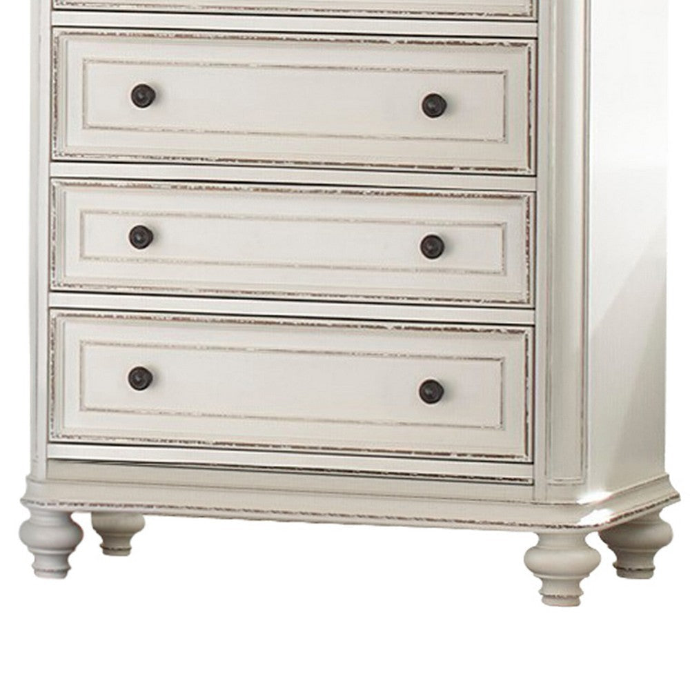 5 Drawer Wooden Chest with Distressed Detail Antique White and Brown By Casagear Home BM222644