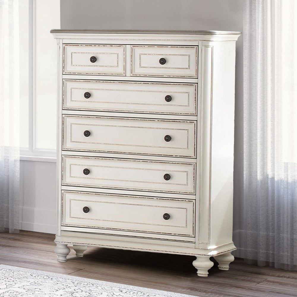 Wood Tall Dresser Chest | 5 Drawers | Hanging Pull Handles | White & Weathered Gray