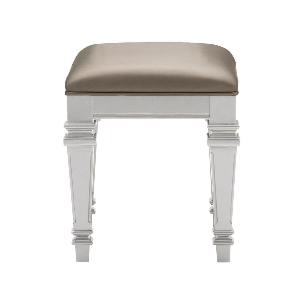Faux Leather Vanity Stool | Tapered Legs | Molded Detail | Silver BM222649