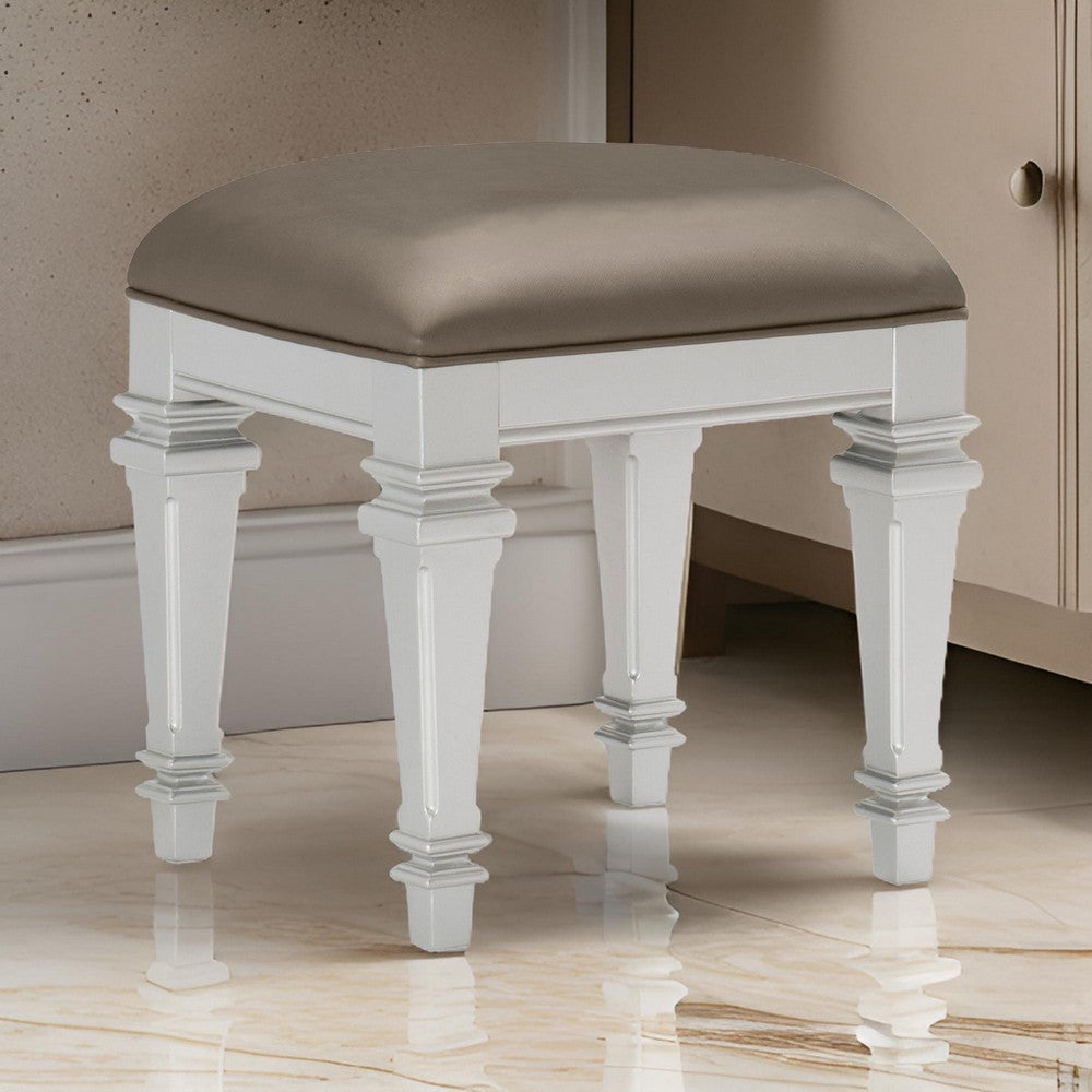 Faux Leather Vanity Stool | Tapered Legs | Molded Detail | Silver