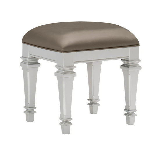 Leatherette Padded Vanity Stool with Tapered Legs and Molded Detail, Silver By Casagear Home