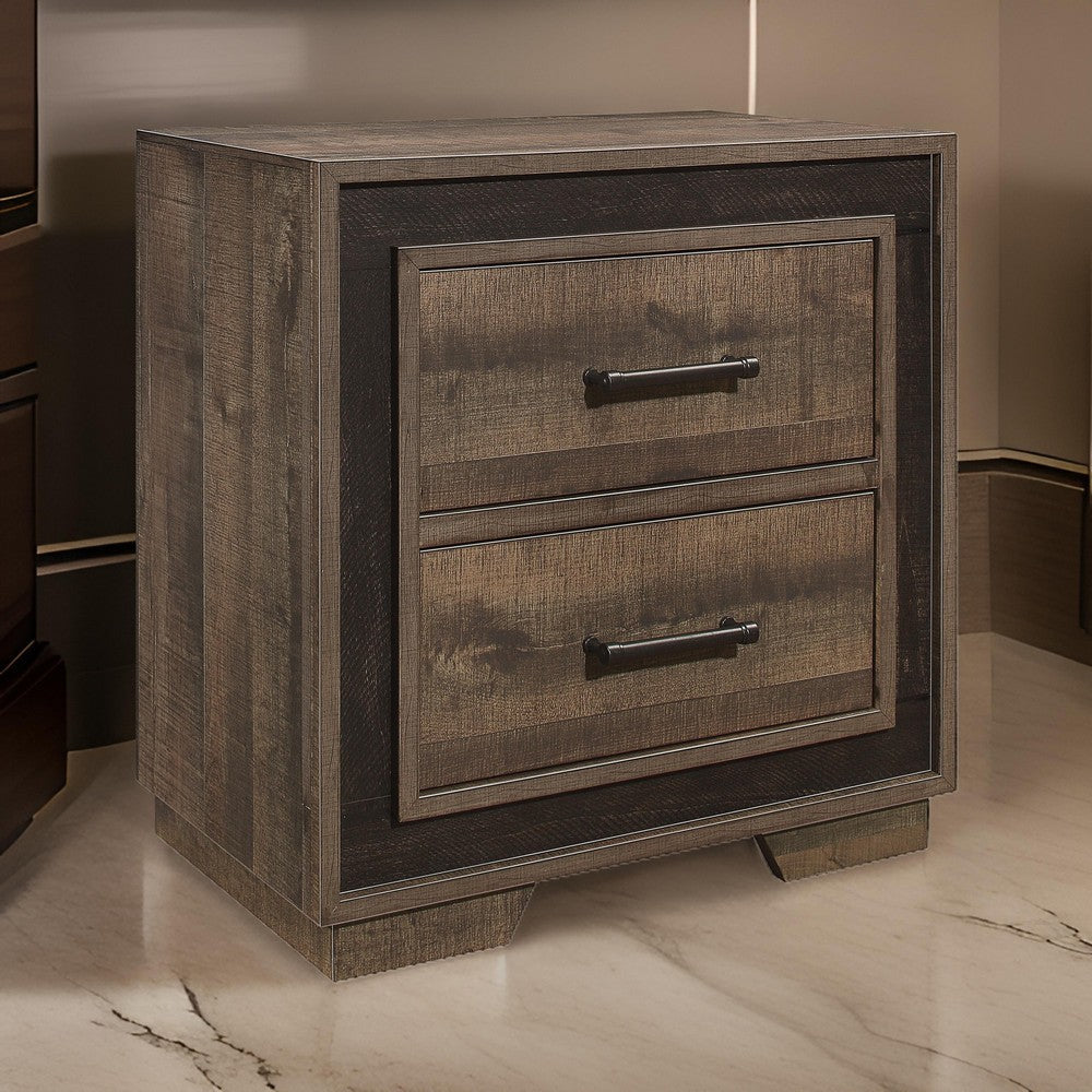 Wood Nightstand | Sled Base | Metal Bar Pull Handles | Brown