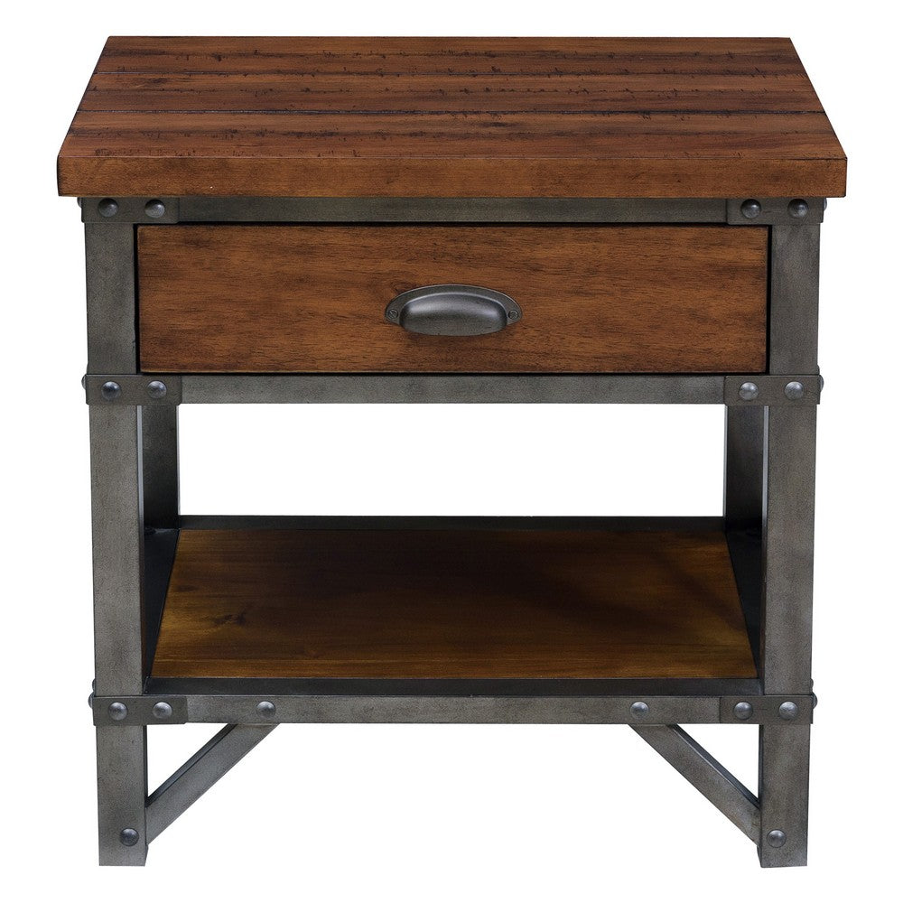 Wooden Nightstand with Metal Block Legs and Open Shelf, Brown