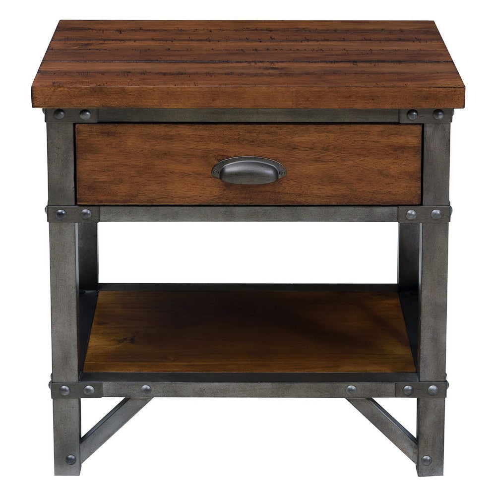 Wooden Nightstand with Metal Block Legs and Open Shelf Brown By Casagear Home BM222710