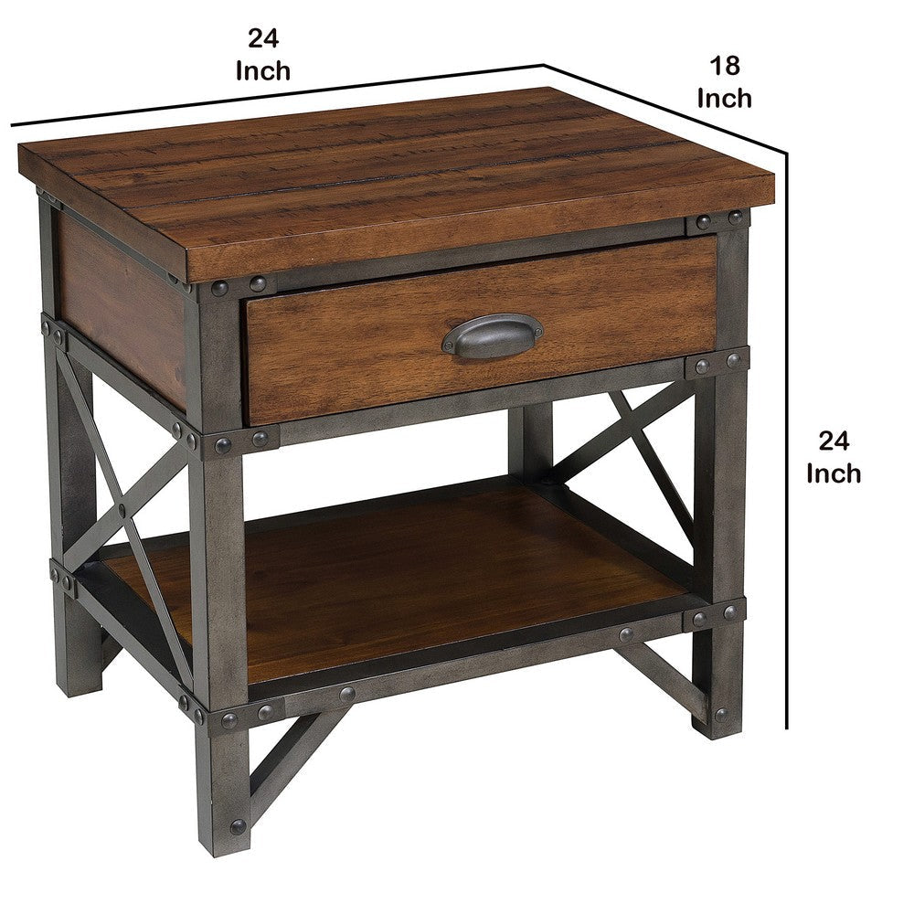 Wooden Nightstand with Metal Block Legs and Open Shelf Brown By Casagear Home BM222710