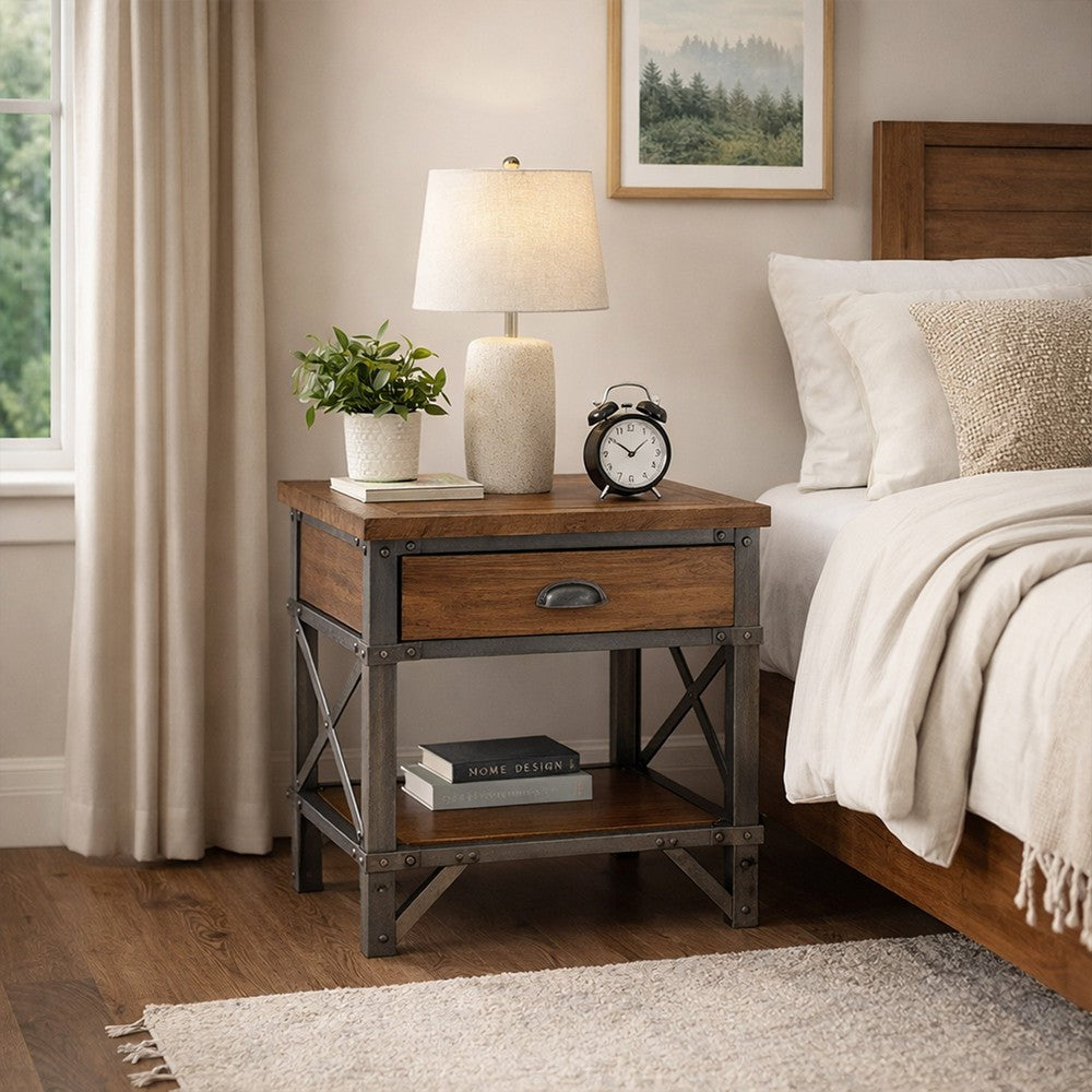 Wooden Nightstand with Metal Block Legs and Open Shelf, Brown