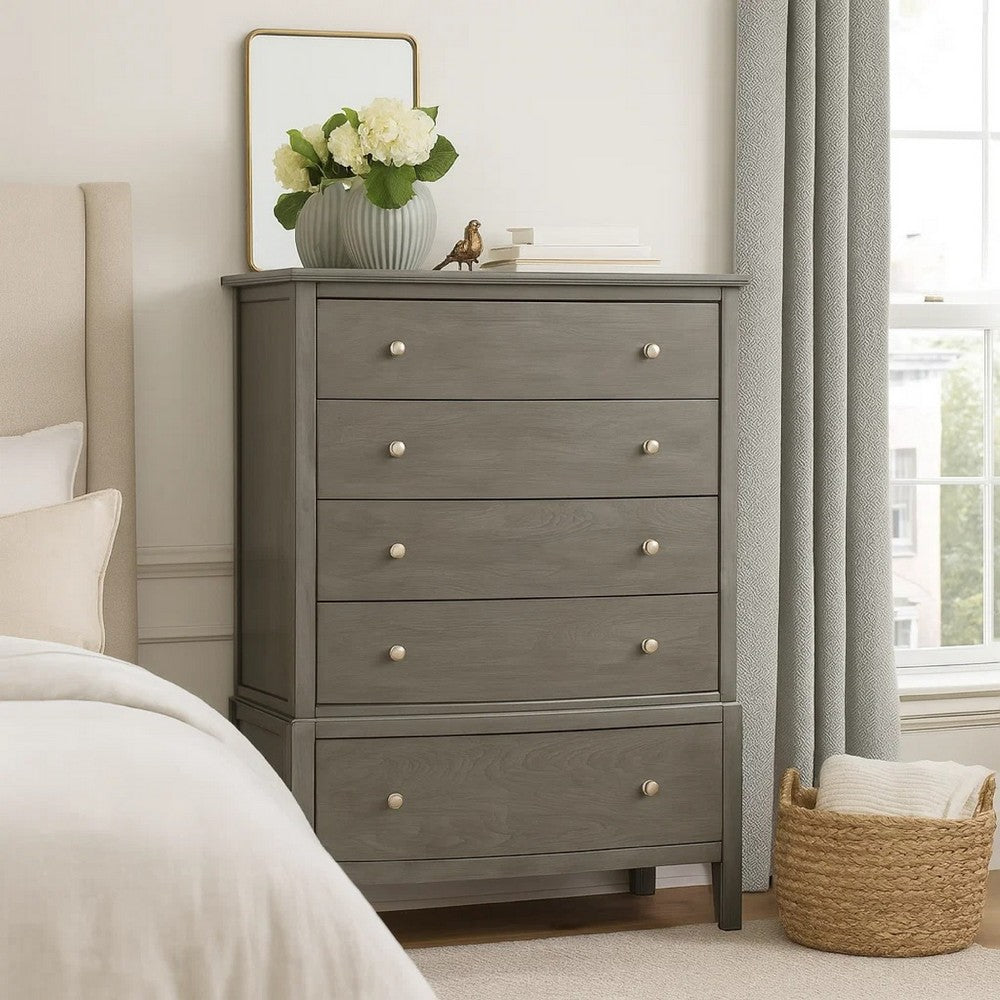 Wooden Chest with Natural Grain Texture Finish and 5 Drawers, Gray Wooden Chest with Natural Grain Texture Finish and 5 Drawers, Gray