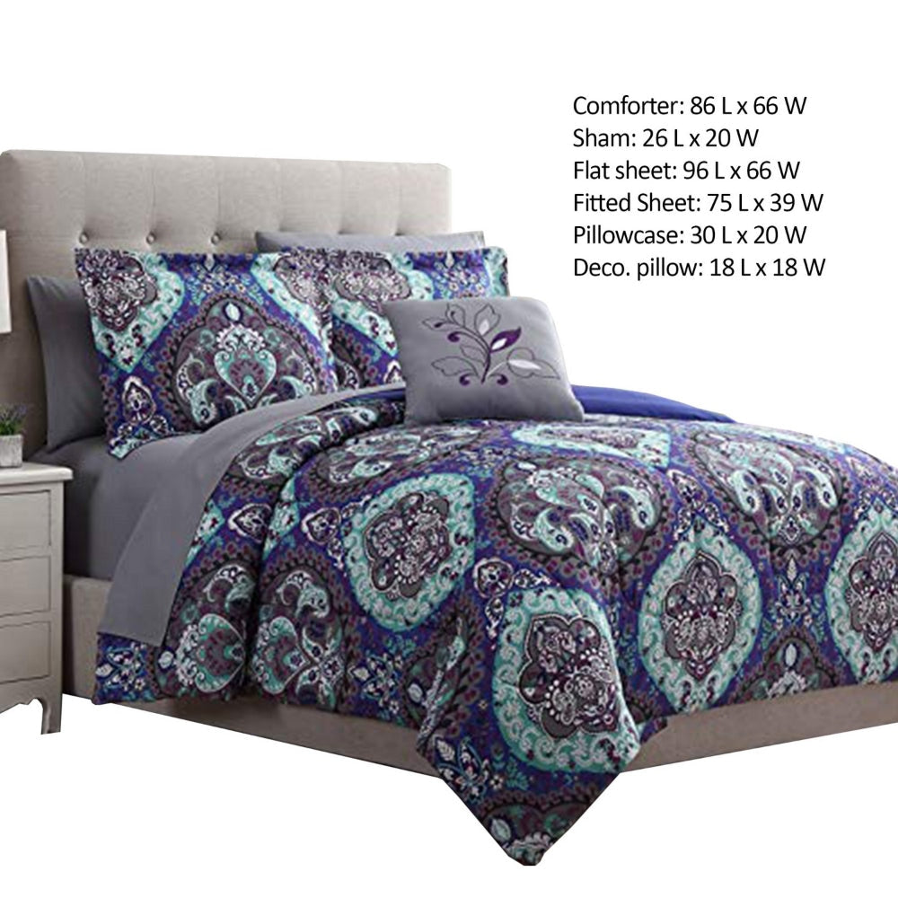 Split 6 Piece Reversible Printed Twin Size Complete Bed Set Blue By Casagear Home BM222765