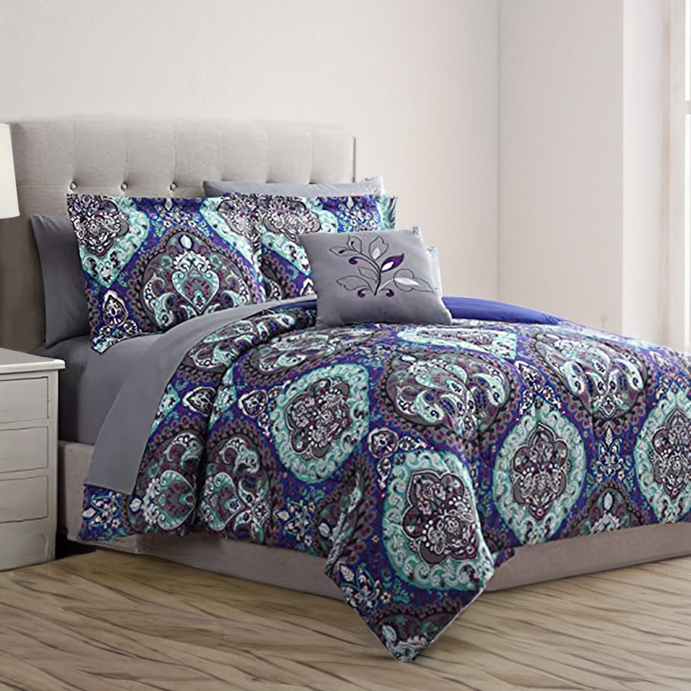 Split 6 Piece Reversible Printed Twin Size Complete Bed Set , Blue By Casagear  Home