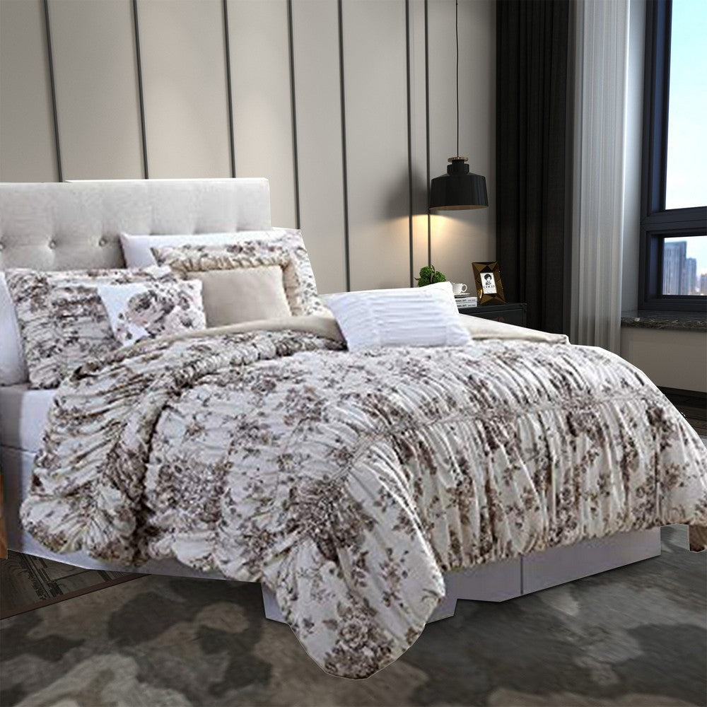 Lyon King Comforter Set | 6 Pieces | Floral Shirring | Beige & Brown