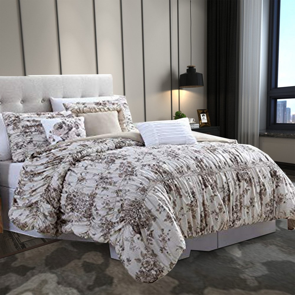 Lyon 6 Piece Floral King Comforter Set with Shirring The Urban Port, Beige and Brown By Casagear Home