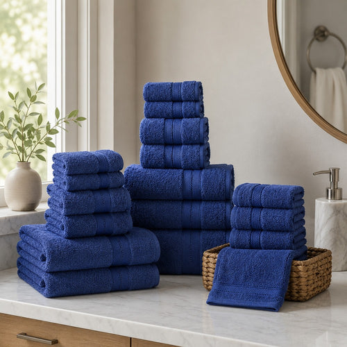 Bergamo Towel Set | 18 Piece | Spun Loft | Stripe Pattern | Dark Blue