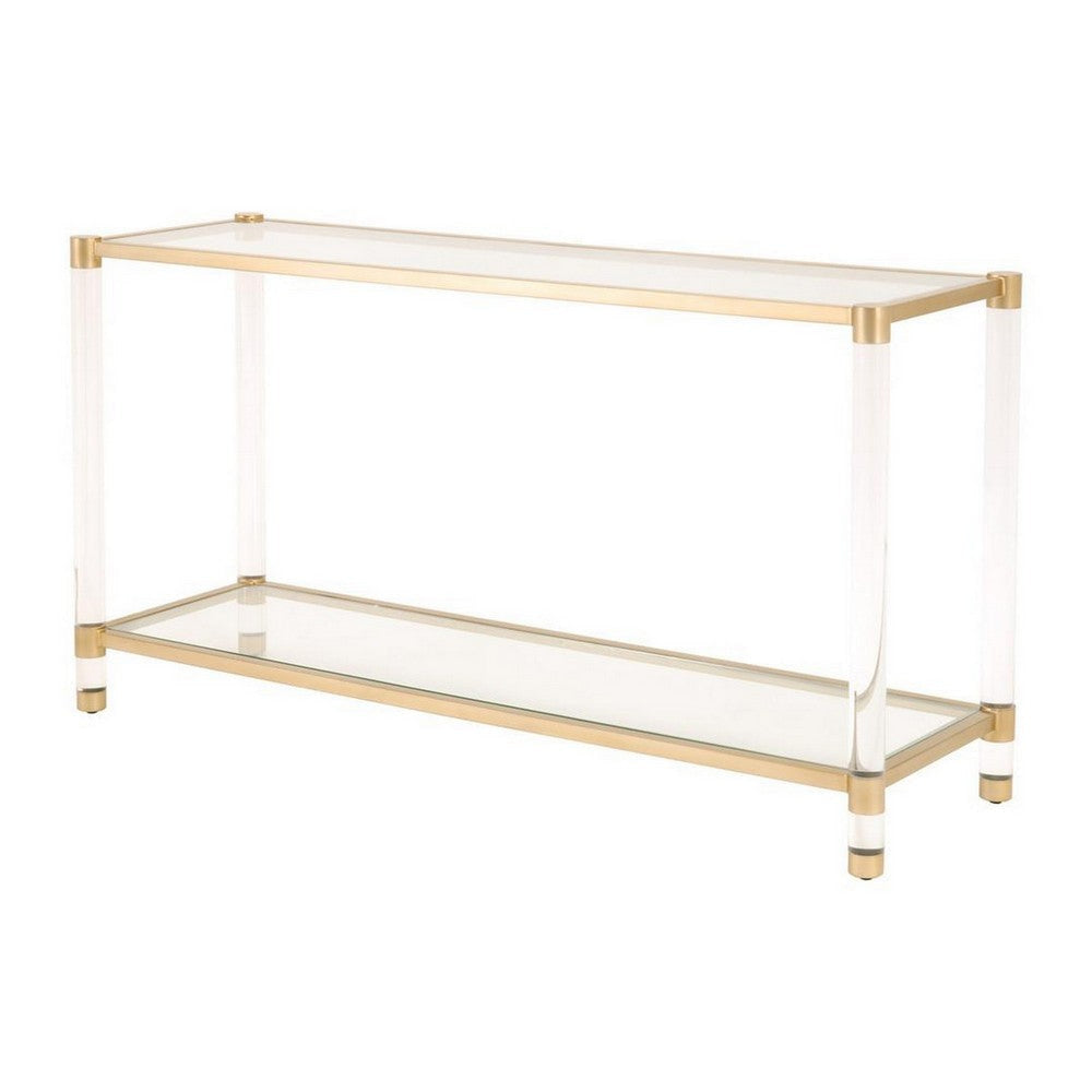 Metal Frame Glass Top Console Table with Acrylic Legs, Clear and Brass By Casagear Home