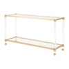 Metal Frame Glass Top Console Table with Acrylic Legs, Clear and Brass By Casagear Home