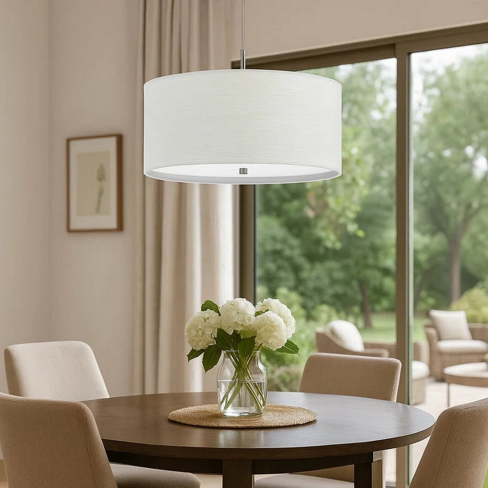 Pendant Fixture | Drum Shade | Brushed Details | White
