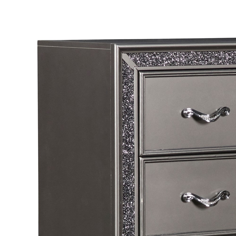 5 Drawer Wooden Chest with Encrusted Crystal Accent Silver By Casagear Home BM223305