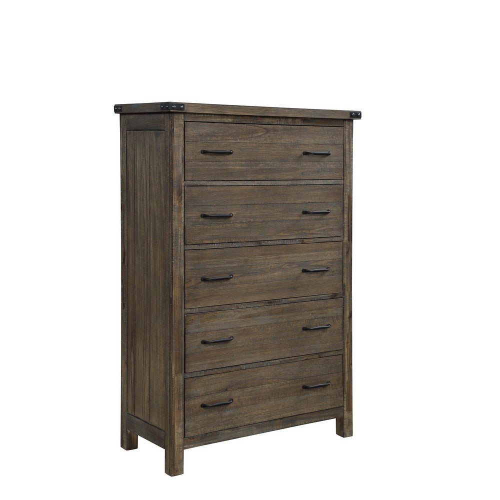 5 Drawer Plank Design Chest with Bar Handle and Block Feet, Brown By Casagear Home