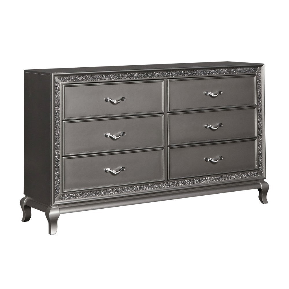 6 Drawer Wooden Dresser with Encrusted Crystal Accent, Silver By Casagear Home