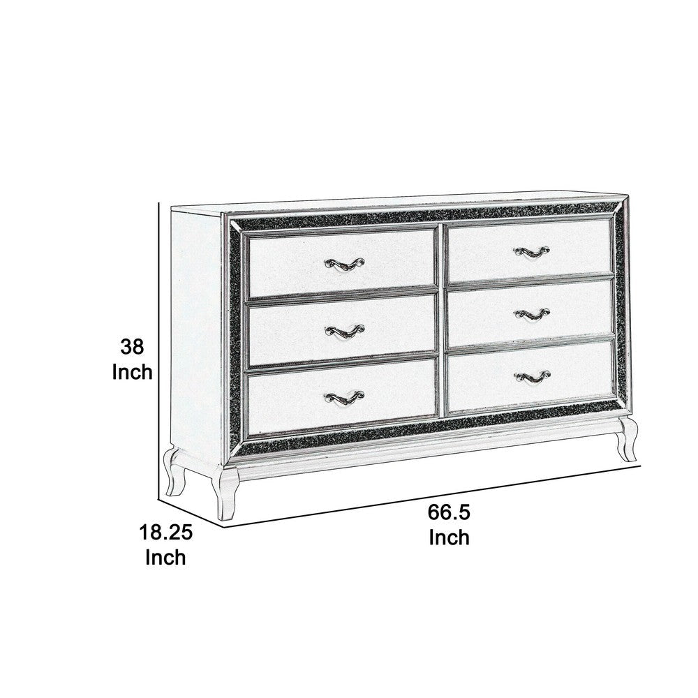 6 Drawer Wooden Dresser with Encrusted Crystal Accent Silver By Casagear Home BM223321