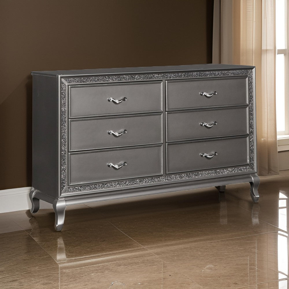 6 Drawer Wooden Dresser with Encrusted Crystal Accent Silver By Casagear Home BM223321