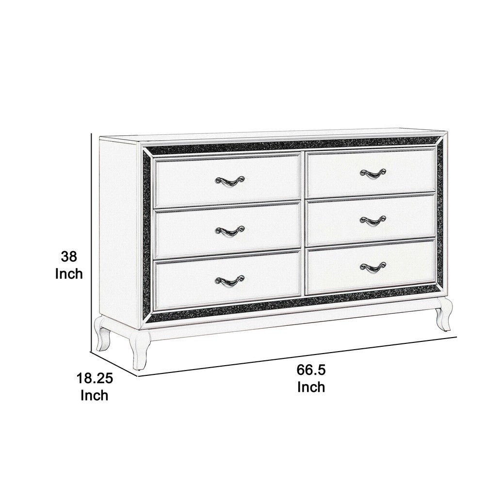 6 Drawer Wooden Dresser with Encrusted Crystal Accent White By Casagear Home BM223322