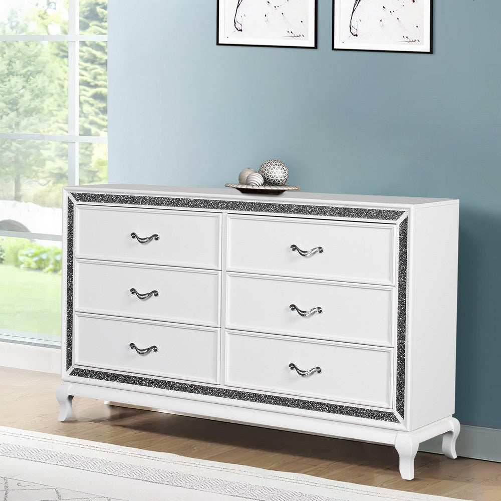 6 Drawer Wooden Dresser with Encrusted Crystal Accent White By Casagear Home BM223322