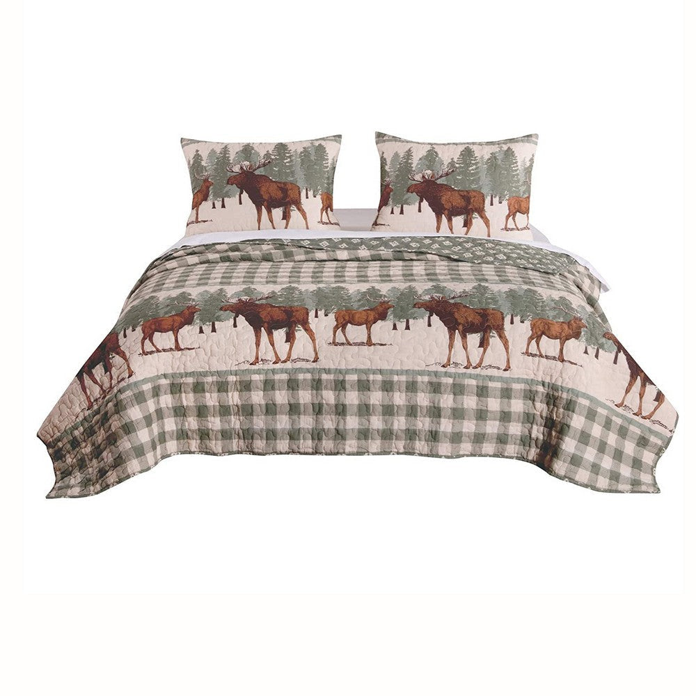 Fabric Twin Size Quilt Set with Animal and Plaid Print Green and Brown By Casagear Home BM223377