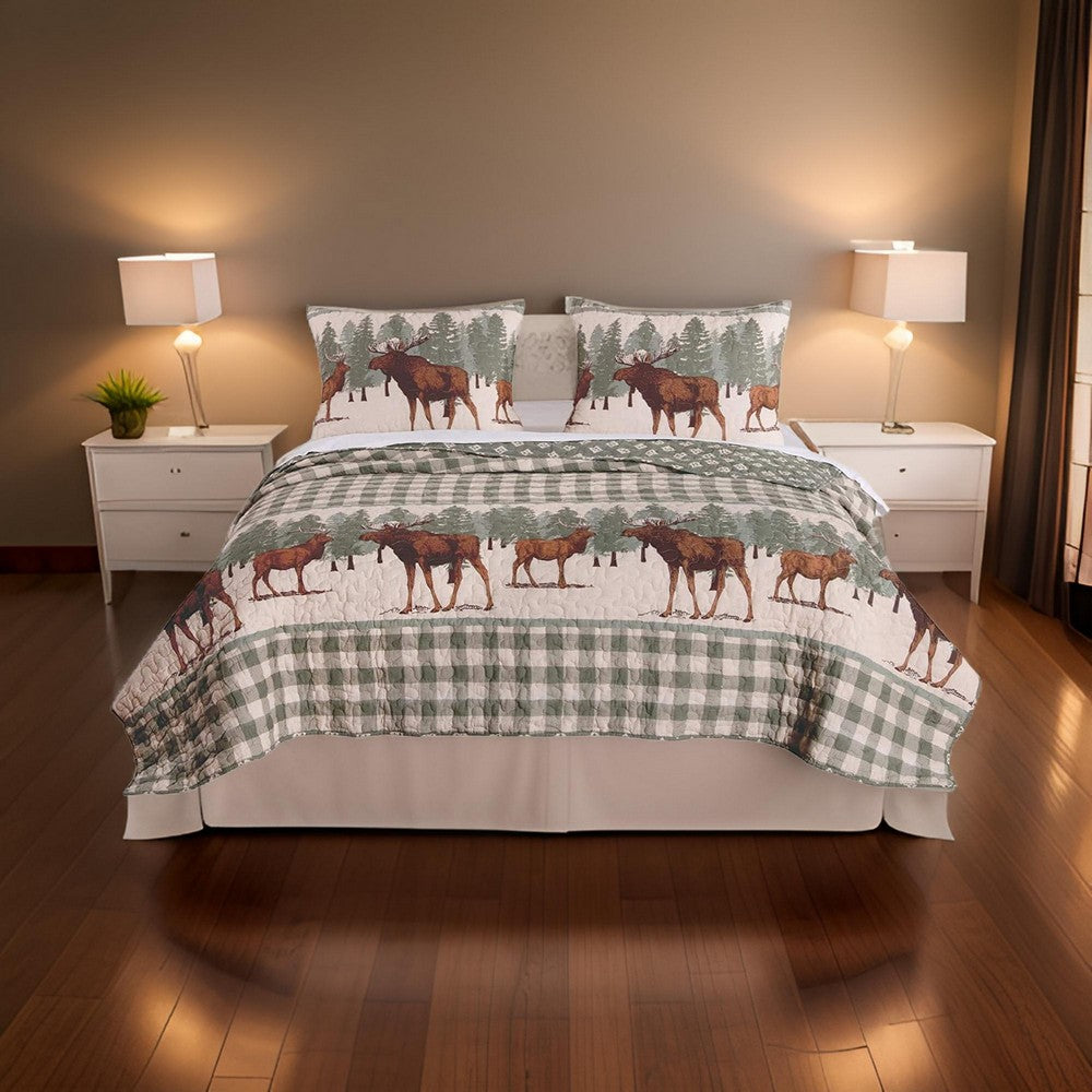 Fabric Twin Size Quilt Set with Animal and Plaid Print, Green and Brown By Casagear Home