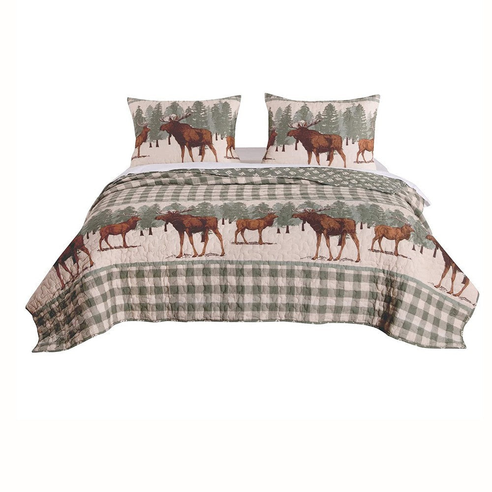 3 Piece Fabric King Quilt Set, Animal, Plaid Print, Gray and Brown