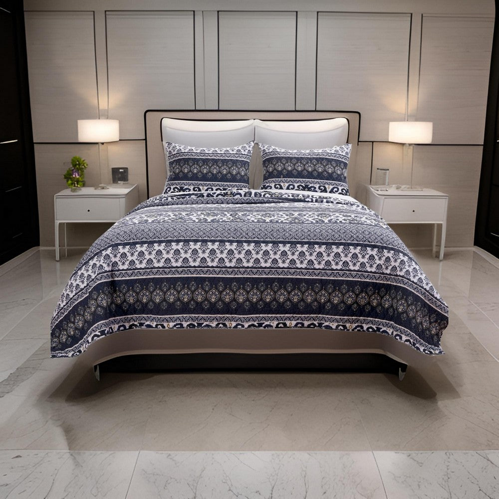 Quilt Set | Queen | Reversible | Ikat & Floral | Blue & White