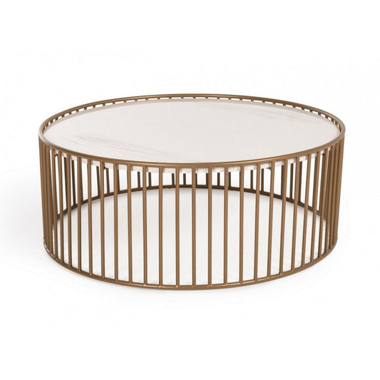 Coffee Table | Round Metal | Faux Marble Tray Top | Gold & White
