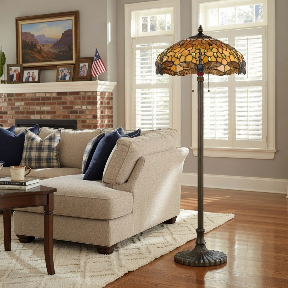 Tiffany Floor Lamp | 2 Bulb | Dragonfly Shade | Multicolor