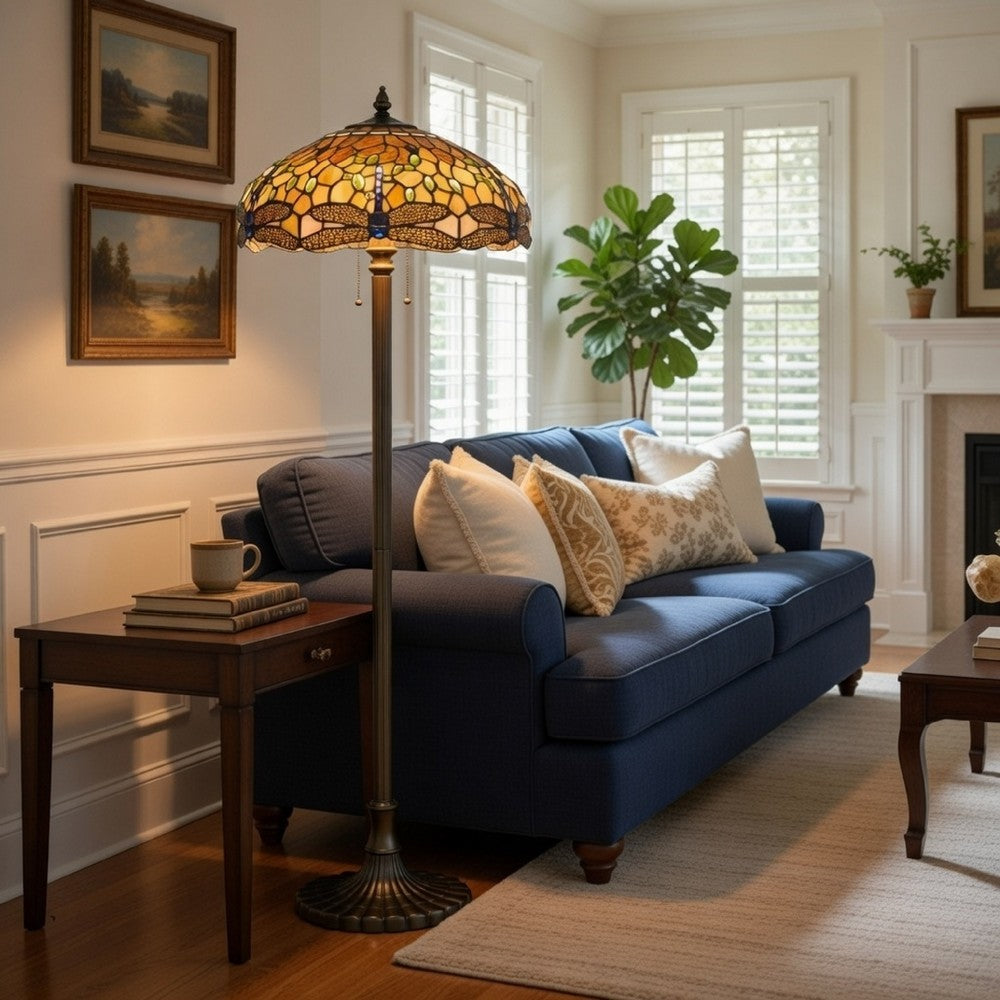 Tiffany Floor Lamp | 2 Bulb | Dragonfly Shade | Multicolor
