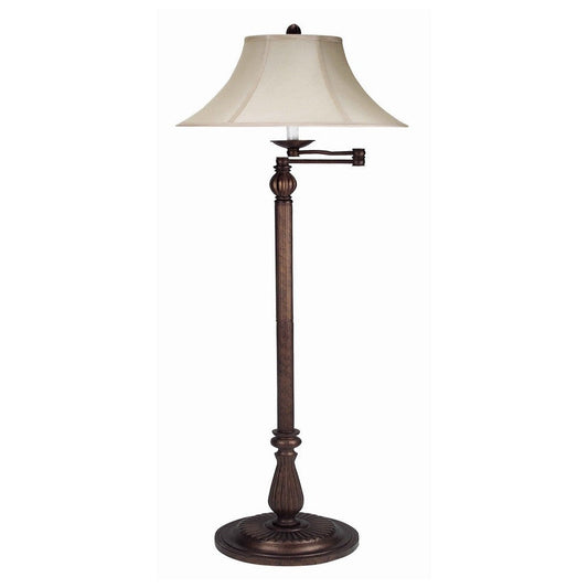 Swing Arm Floor Lamp | Metal Body | Fabric Bell Shade | Bronze & Beige