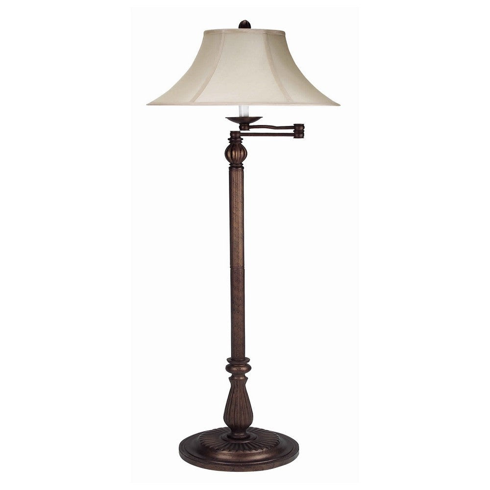 Swing Arm Floor Lamp | Metal Body | Fabric Bell Shade | Bronze & Beige