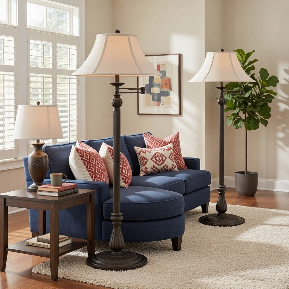 Swing Arm Floor Lamp | Metal Body | Fabric Bell Shade | Bronze & Beige