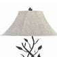 Metal Floor Lamp with Leaf Accent Body and Fabric Bell Shade,Black and Gray By Casagear Home BM223582