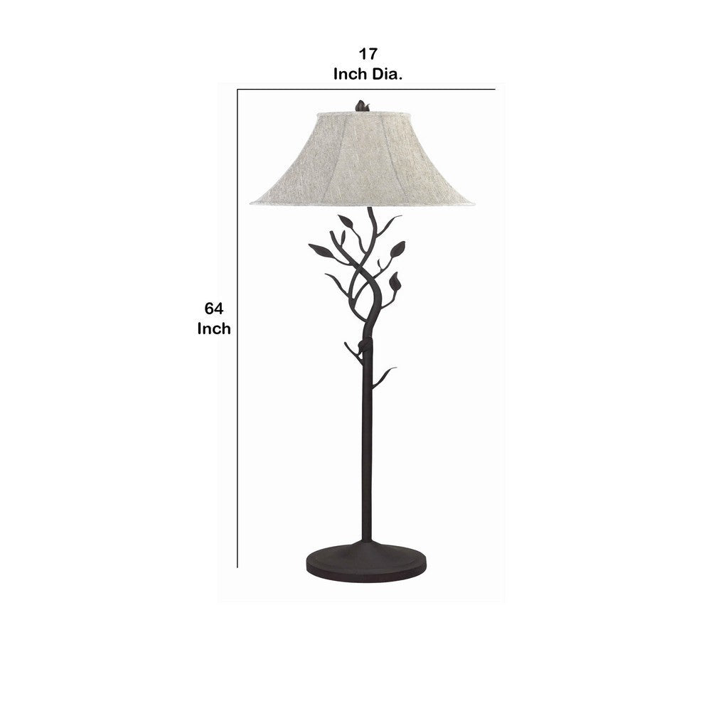 Metal Floor Lamp with Leaf Accent Body and Fabric Bell Shade,Black and Gray By Casagear Home BM223582