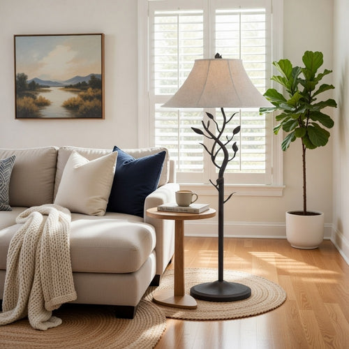 Floor Lamp | Leaf Accent Body | Fabric Bell Shade | Black & Gray