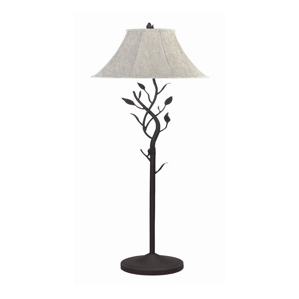 Floor Lamp | Leaf Accent Body | Fabric Bell Shade | Black & Gray