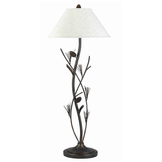 Pine Twig Accent Metal Body Floor Lamp with Conical Shade, Bronze and White By Casagear Home