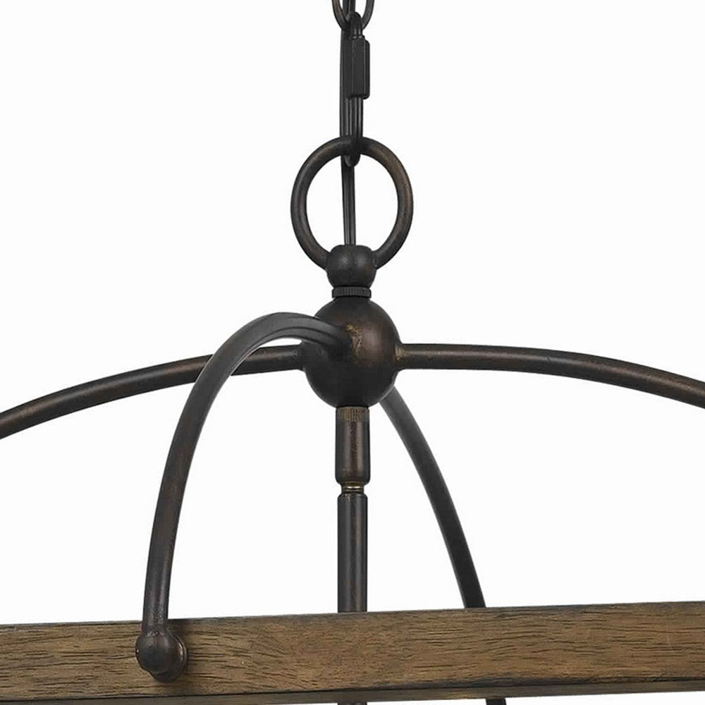 6 Bulb Square Chandelier with Wooden Frame and Organza Striped Shade, Brown
