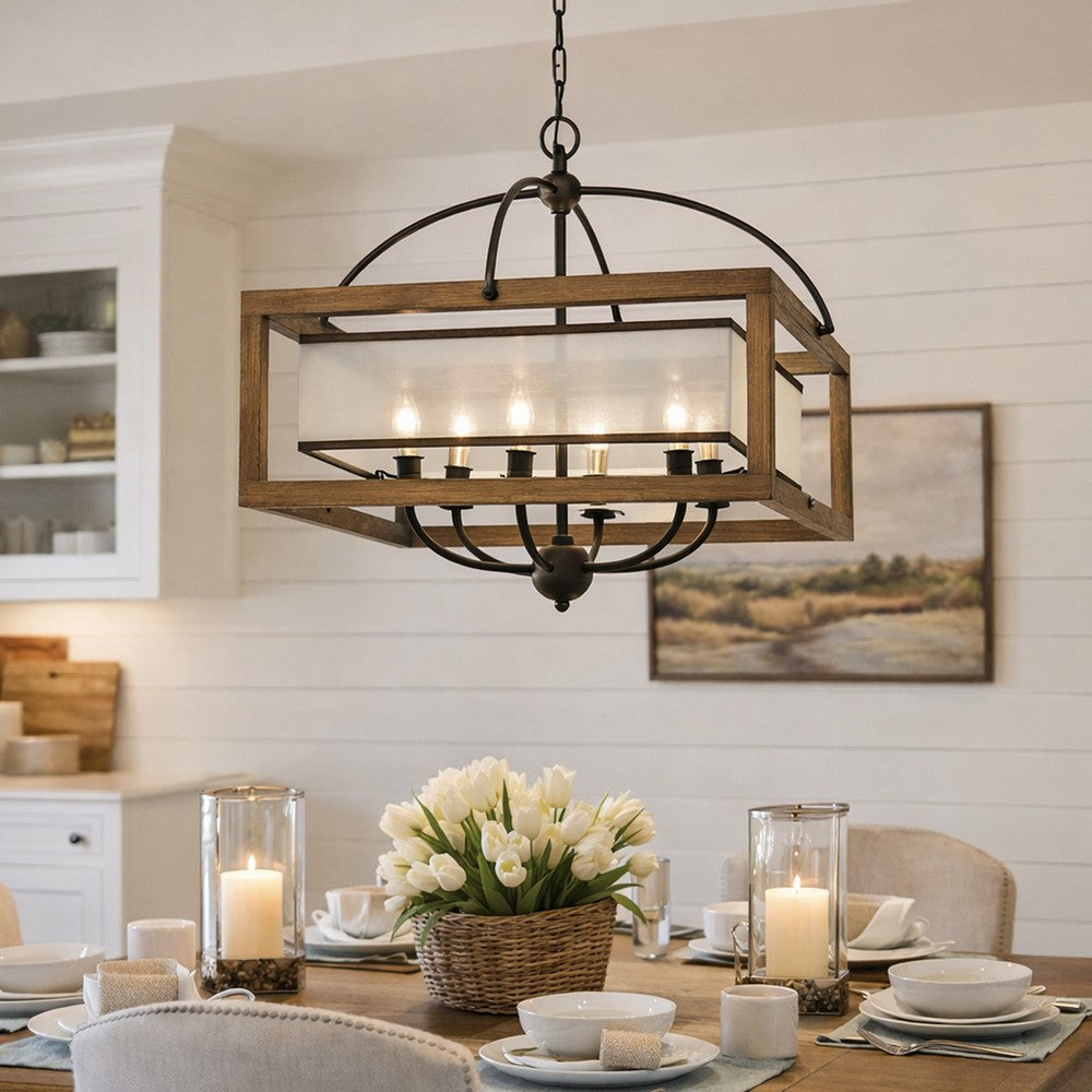 6 Bulb Square Chandelier with Wooden Frame and Organza Striped Shade, Brown