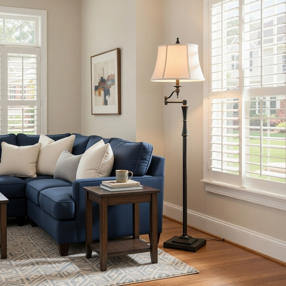 Floor Lamp | Fabric Bell Shade | Beige & Black