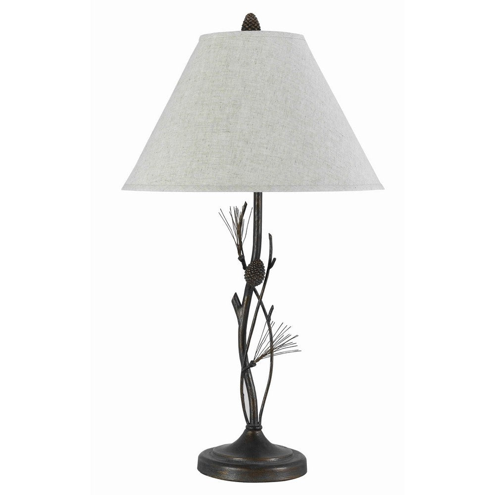 Table Lamp | Pine Twig Accent | Conical Shade | Bronze & White