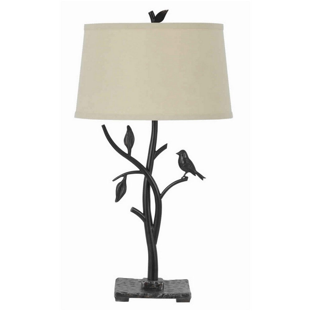 Table Lamp | Tree & Bird Body | Tapered Shade | Black & Beige