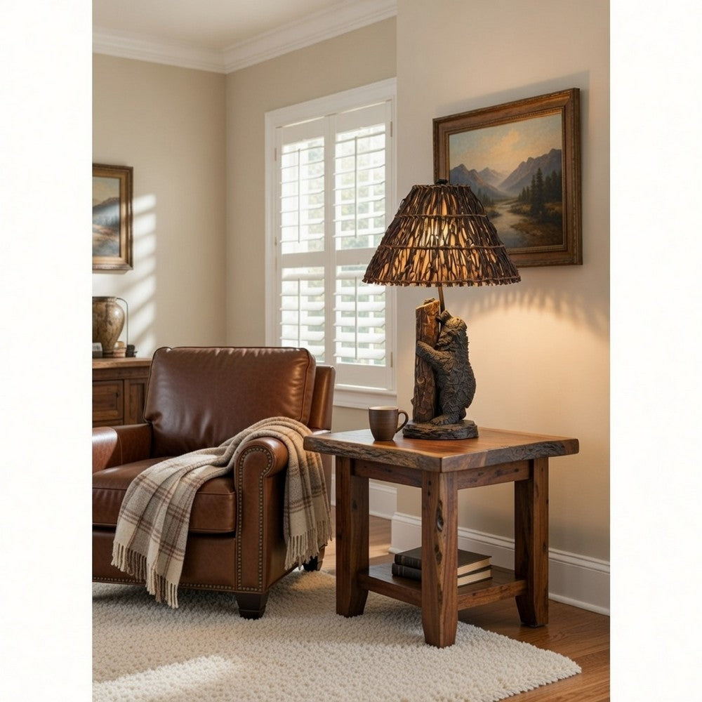 Table Lamp | Resin Bear Body | Twig Shade | 150W | Gray & Brown